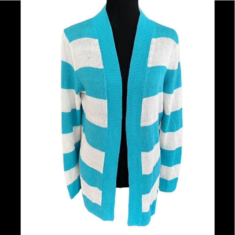 TALBOTS 100% linen open front turquoise/white striped cardigan size M